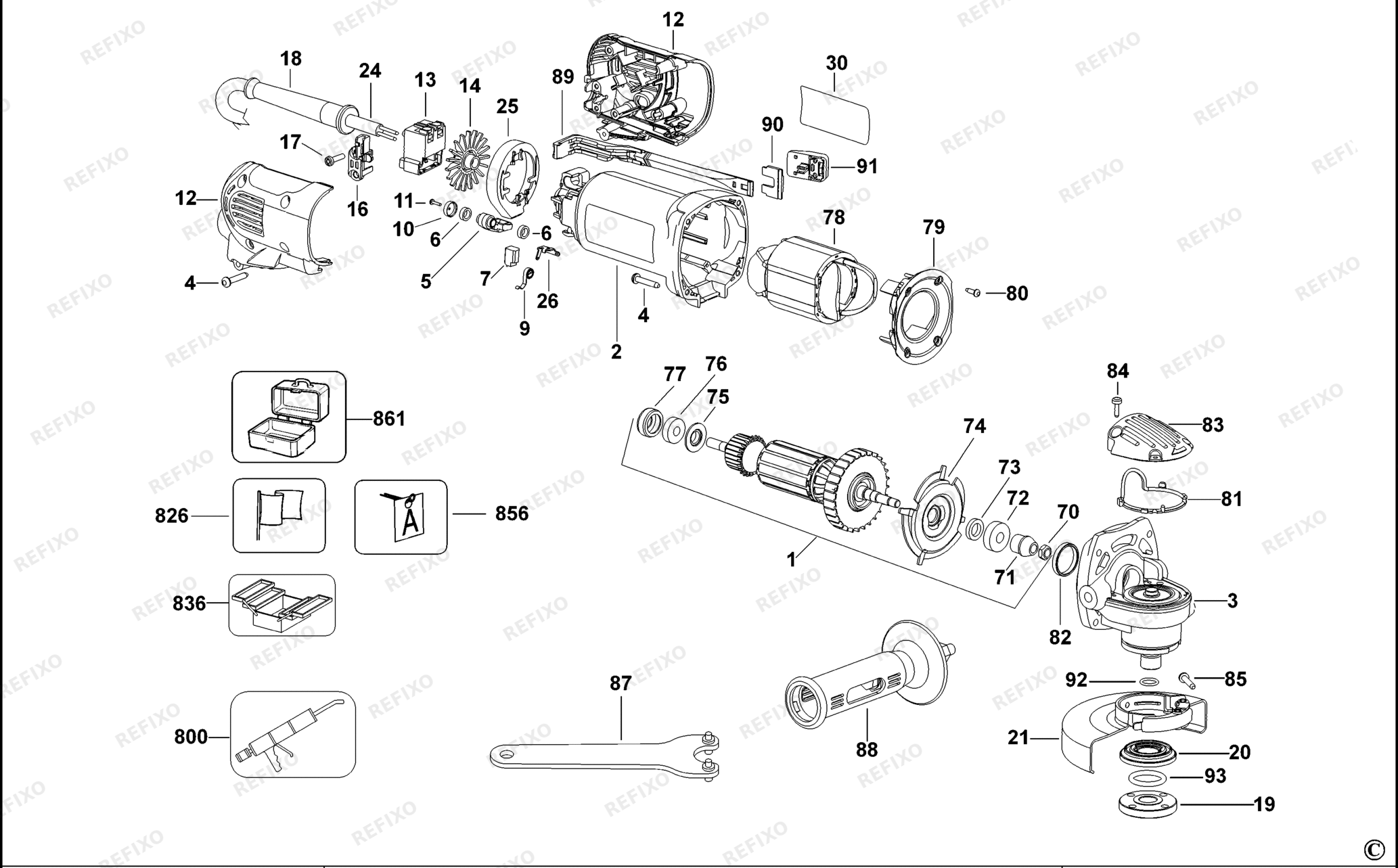 Деталировка DeWalt D28132-QS TYPE 1 SMALL ANGLE GRINDER D28132-QS D28132 — схема запчастей в разборе