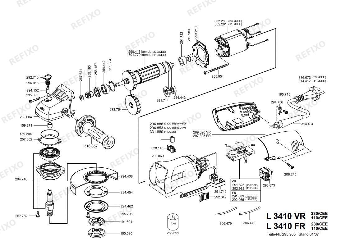 Деталировка Flex L 3410 VR 230CEE Fixtec — схема запчастей в разборе