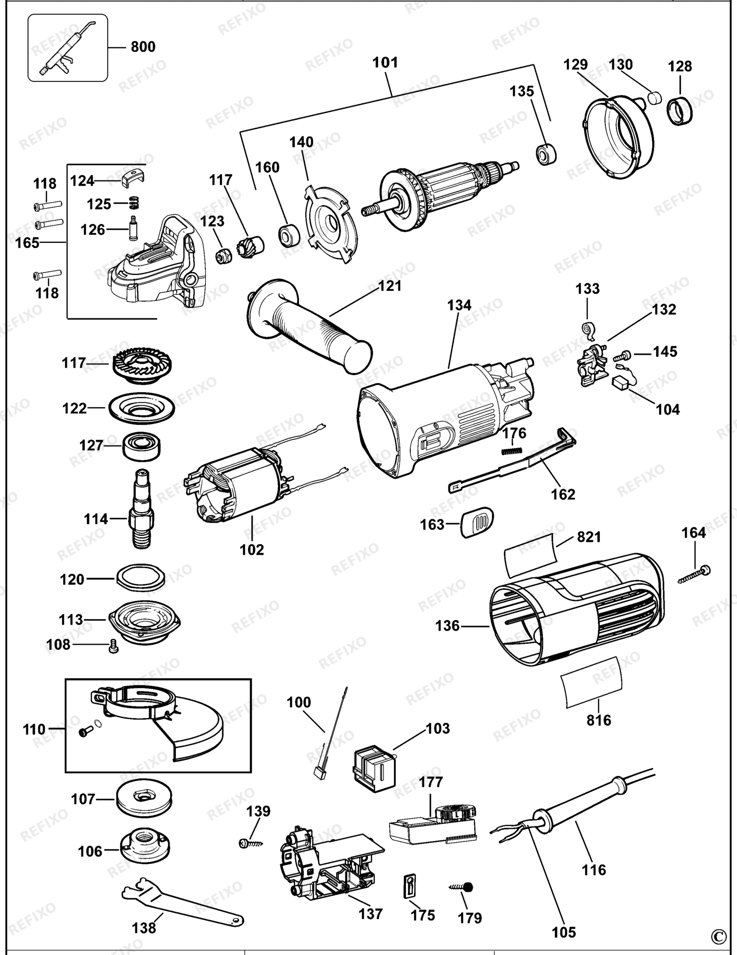 Деталировка DeWalt DWE4119-XJ TYPE 1 SMALL ANGLE GRINDER DWE4119-XJ DWE4119 — схема запчастей в разборе