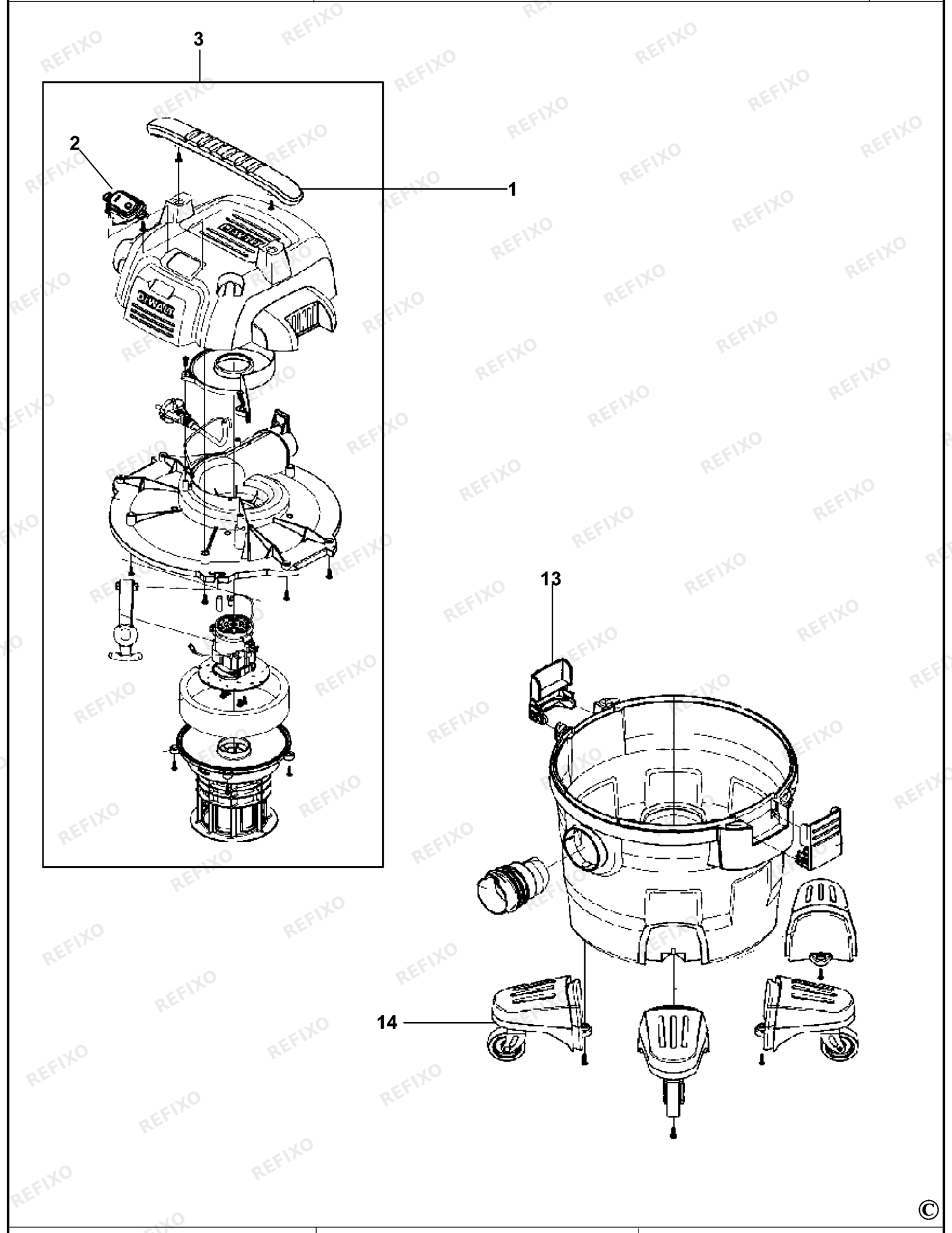Деталировка DeWalt DXV23P-QS TYPE 1 VACUUM CLEANER DXV23P-QS DXV23P — схема запчастей в разборе