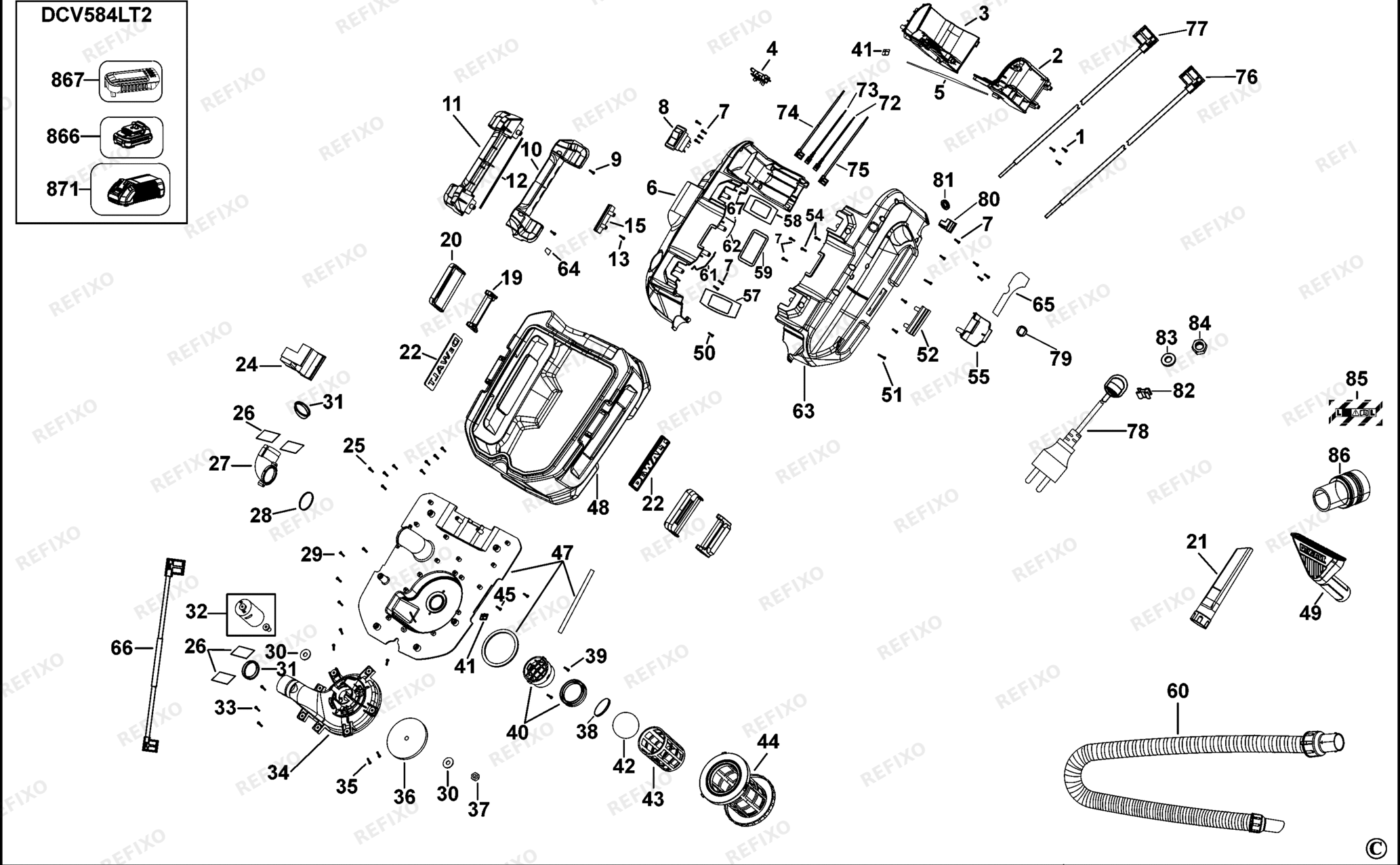 Деталировка DeWalt DCV584L-QW TYPE 1 DE-WET DRY VACUUM DCV584L-QW DCV584L — схема запчастей в разборе