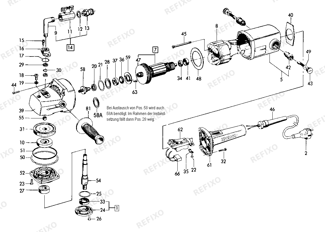 Деталировка Flex LW 2402 A Naß- шлифмашина — схема запчастей в разборе