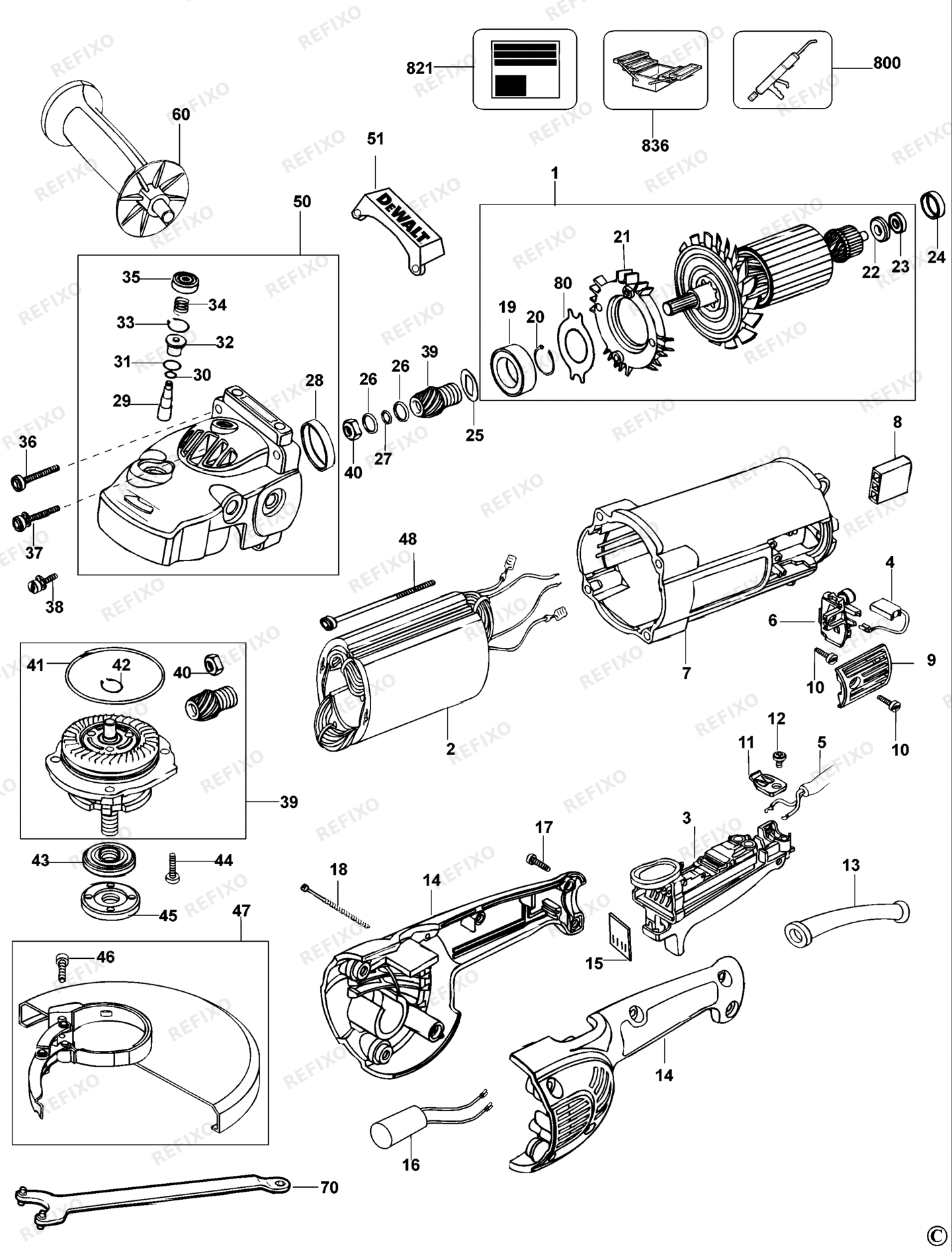 Деталировка DeWalt D28430-QS TYPE 1 угловая шлифмашина D28430-QS D28430 — схема запчастей в разборе
