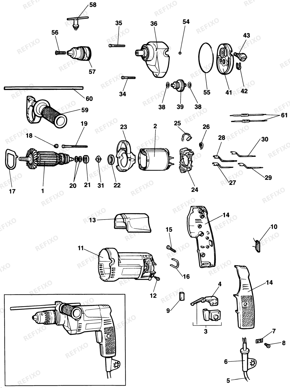 Деталировка DeWalt DW150-LX TYPE 1 BOHRER DW150-LX DW150 — схема запчастей в разборе