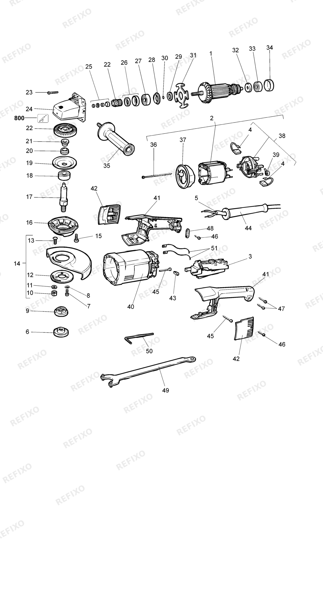 Деталировка DeWalt DW476-QS TYPE 2 угловая шлифмашина DW476-QS DW476 — схема запчастей в разборе