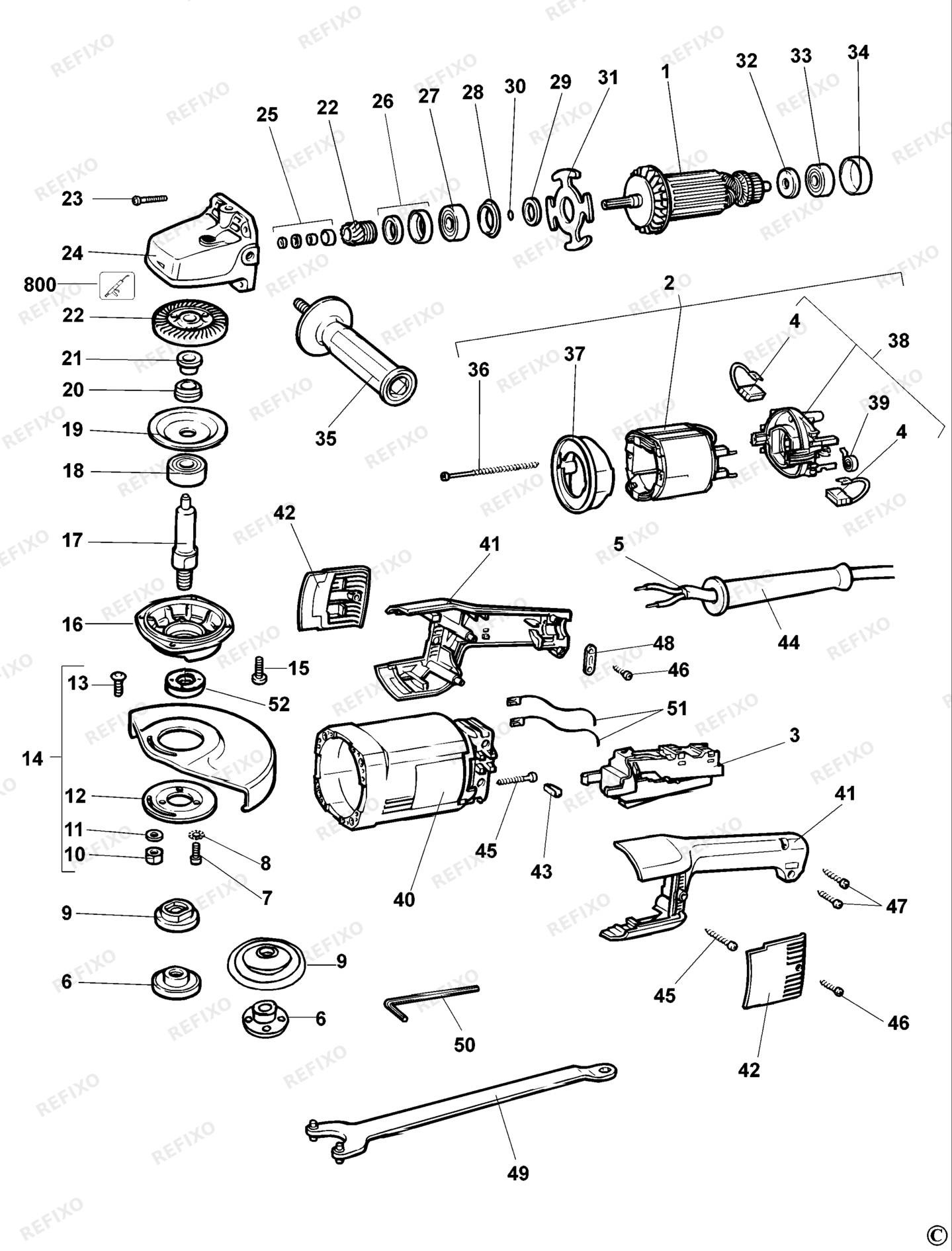 Деталировка DeWalt DW852-QS TYPE 2 - 3 угловая шлифмашина DW852-QS DW852 — схема запчастей в разборе