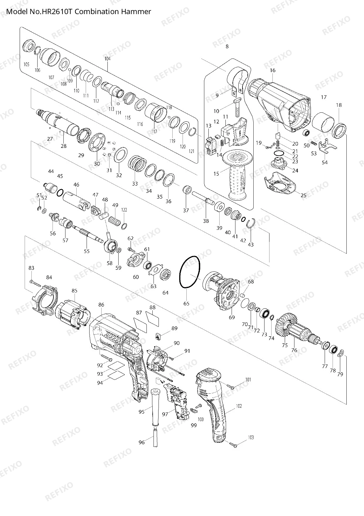 Деталировка MAKITA HR2610T — схема запчастей в разборе