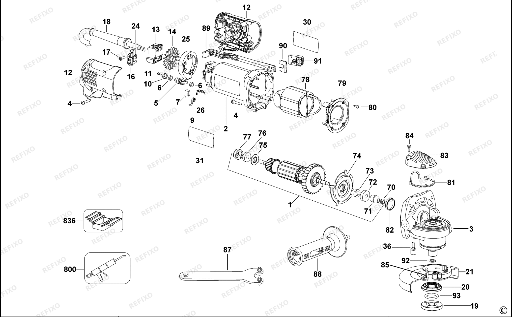 Деталировка DeWalt D28132C-QS TYPE 2 SMALL ANGLE GRINDER D28132C-QS D28132C — схема запчастей в разборе