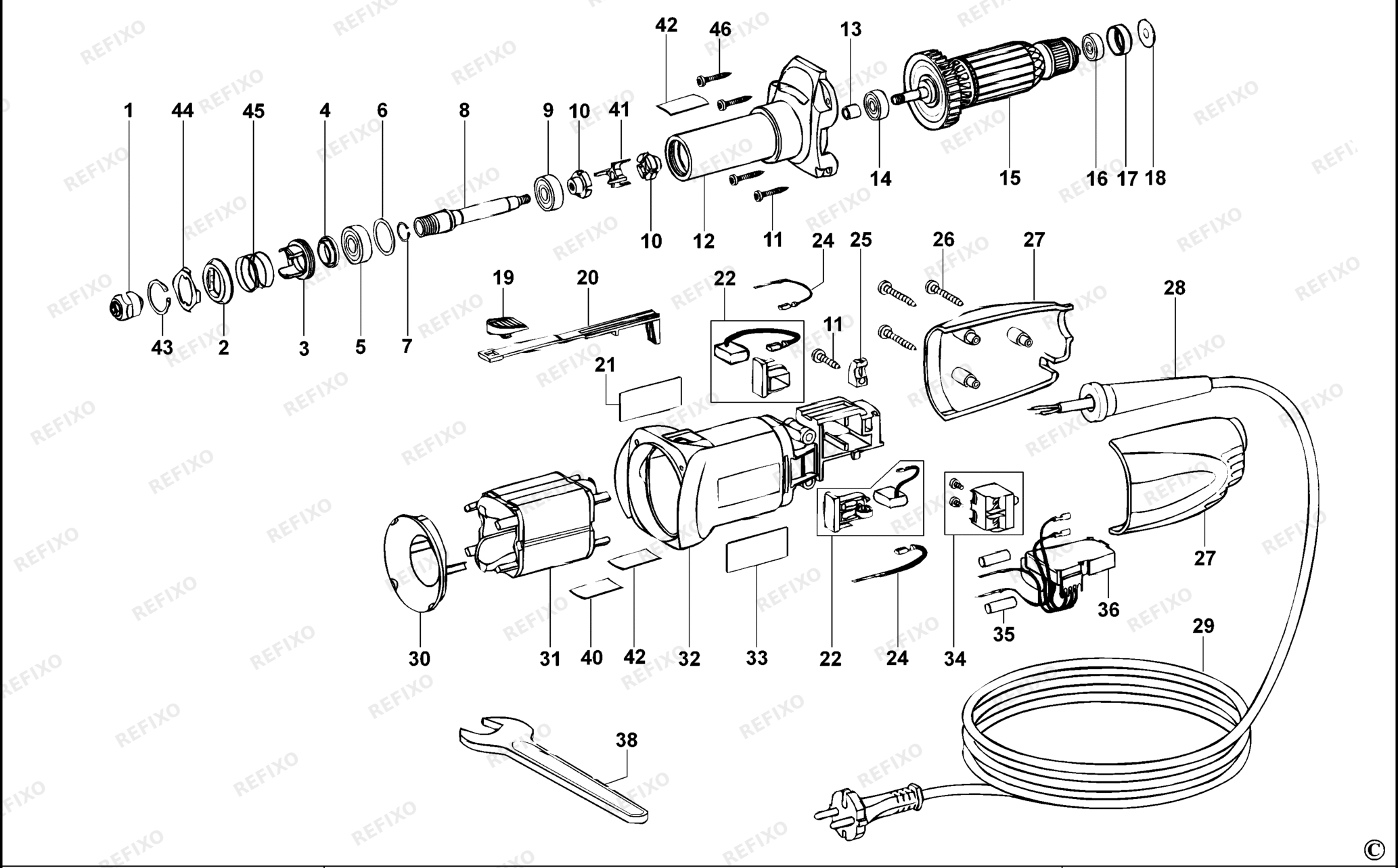 Деталировка DeWalt D28886-QS TYPE 1 шлифмашина D28886-QS D28886 — схема запчастей в разборе