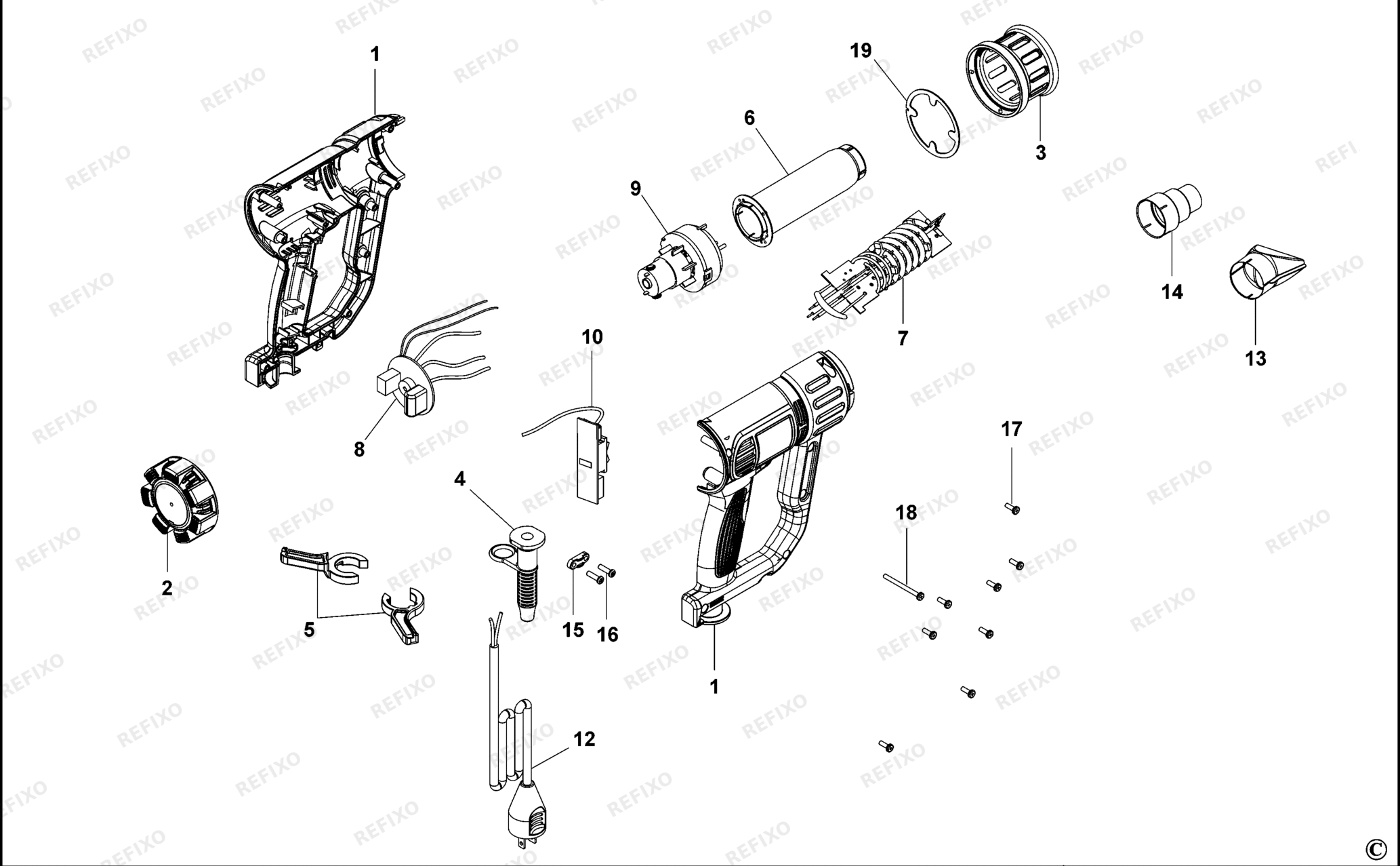 Деталировка DeWalt D26411-QS TYPE 1 HEIZPISTOLE D26411-QS D26411 — схема запчастей в разборе