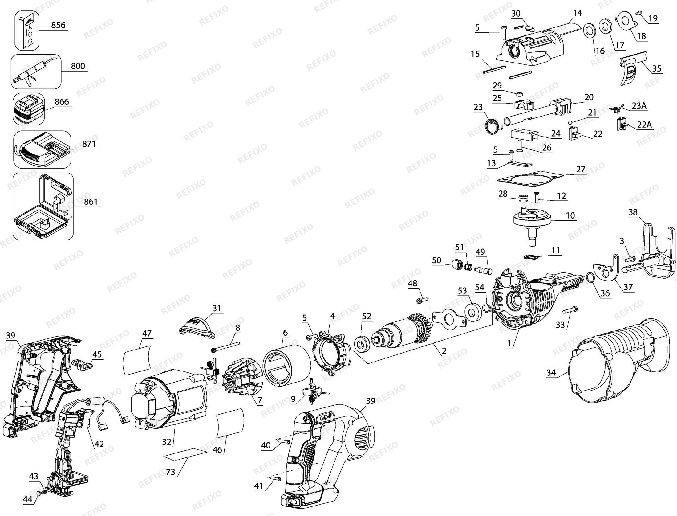 Деталировка DeWalt DCS320N-XJ TYPE 1 14.4V RECIP SAW BARE, MUL DCS320N-XJ DCS320N — схема запчастей в разборе