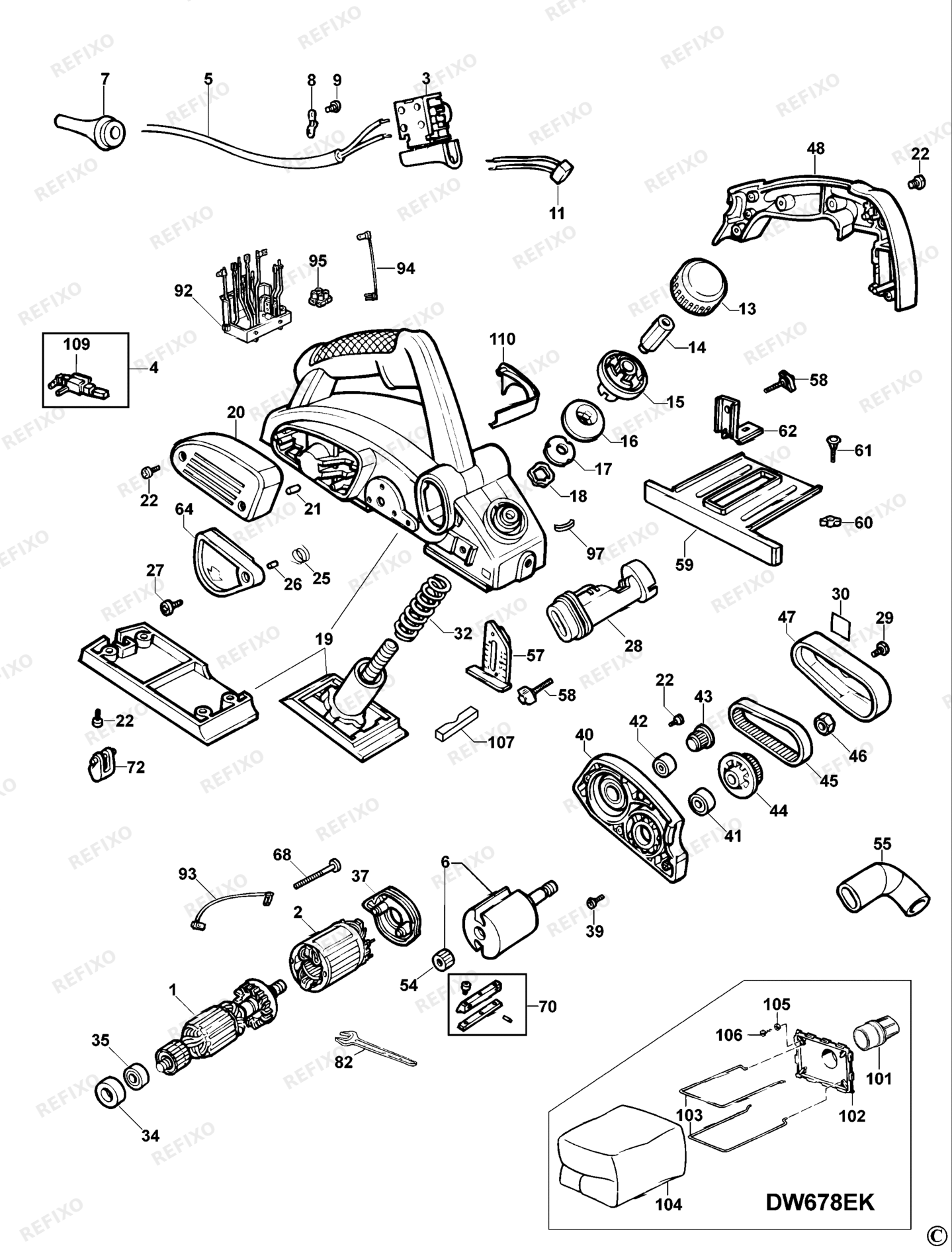 Деталировка DeWalt DW678E-QS TYPE 2 рубанок DW678E-QS DW678E — схема запчастей в разборе