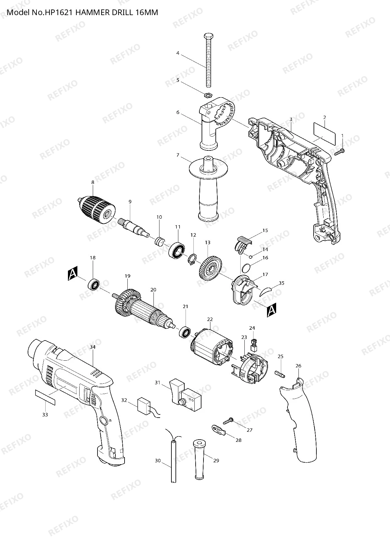 Деталировка MAKITA HP1621 — схема запчастей в разборе
