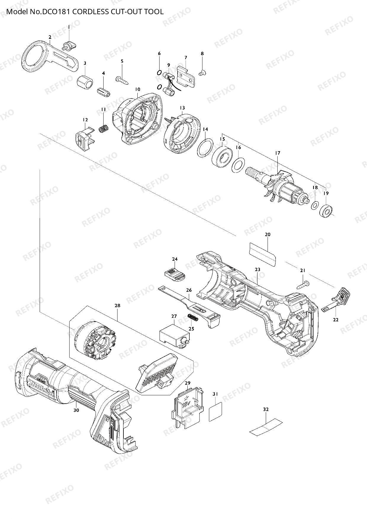 Деталировка MAKITA DCO181 — схема запчастей в разборе