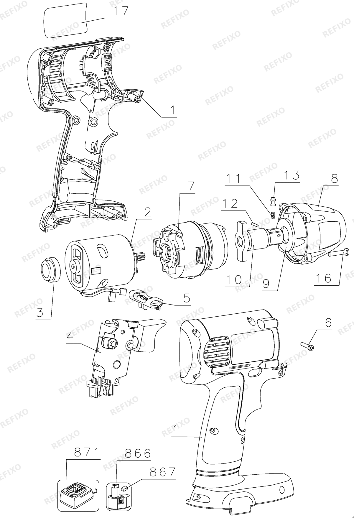 Деталировка DeWalt DW057N-XJ TYPE 1 DE-CORDLESS IMPACT WRENCH DW057N-XJ DW057N — схема запчастей в разборе