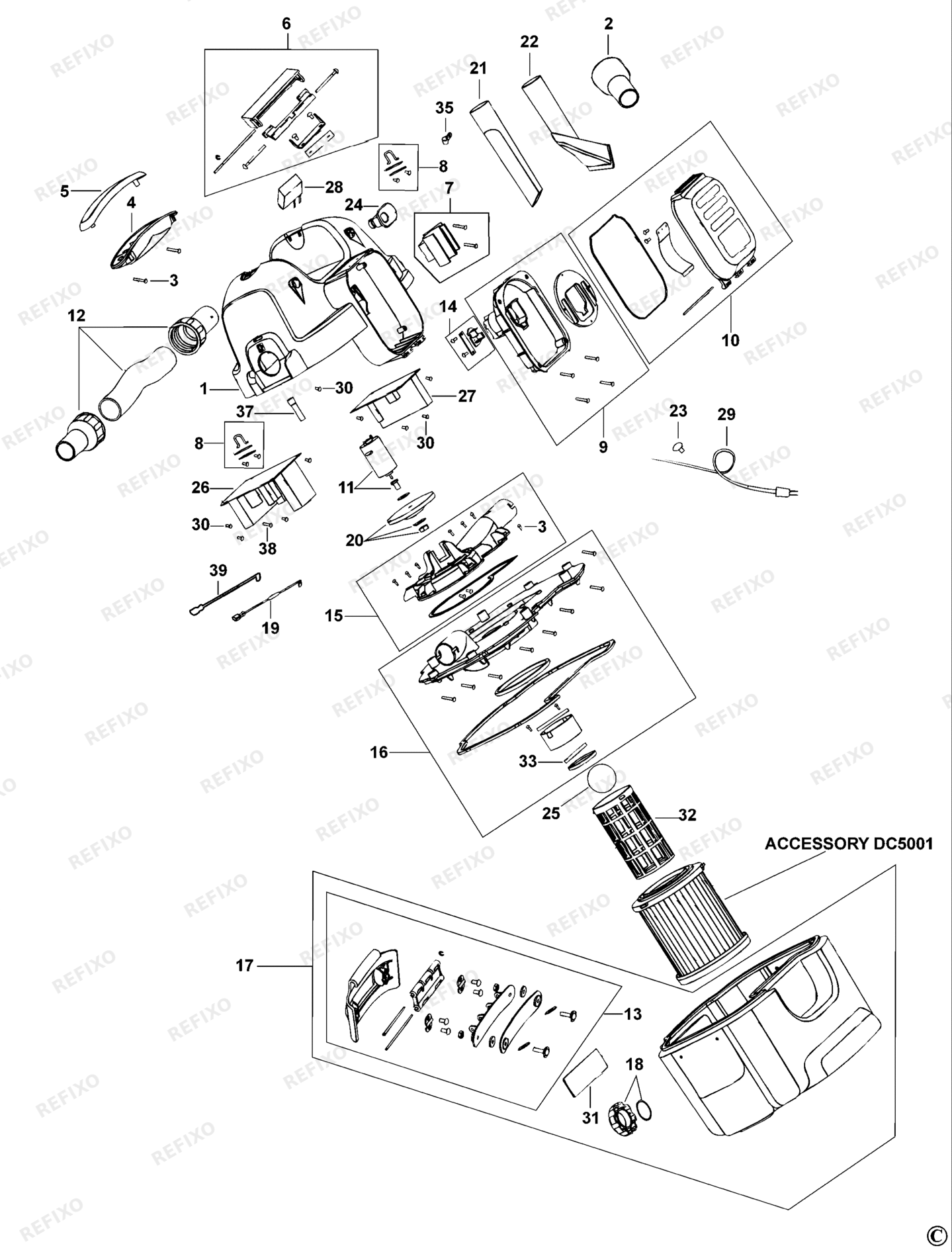 Деталировка DeWalt DC500-QW TYPE 1 VACUUM CLEANER DC500-QW DC500 — схема запчастей в разборе