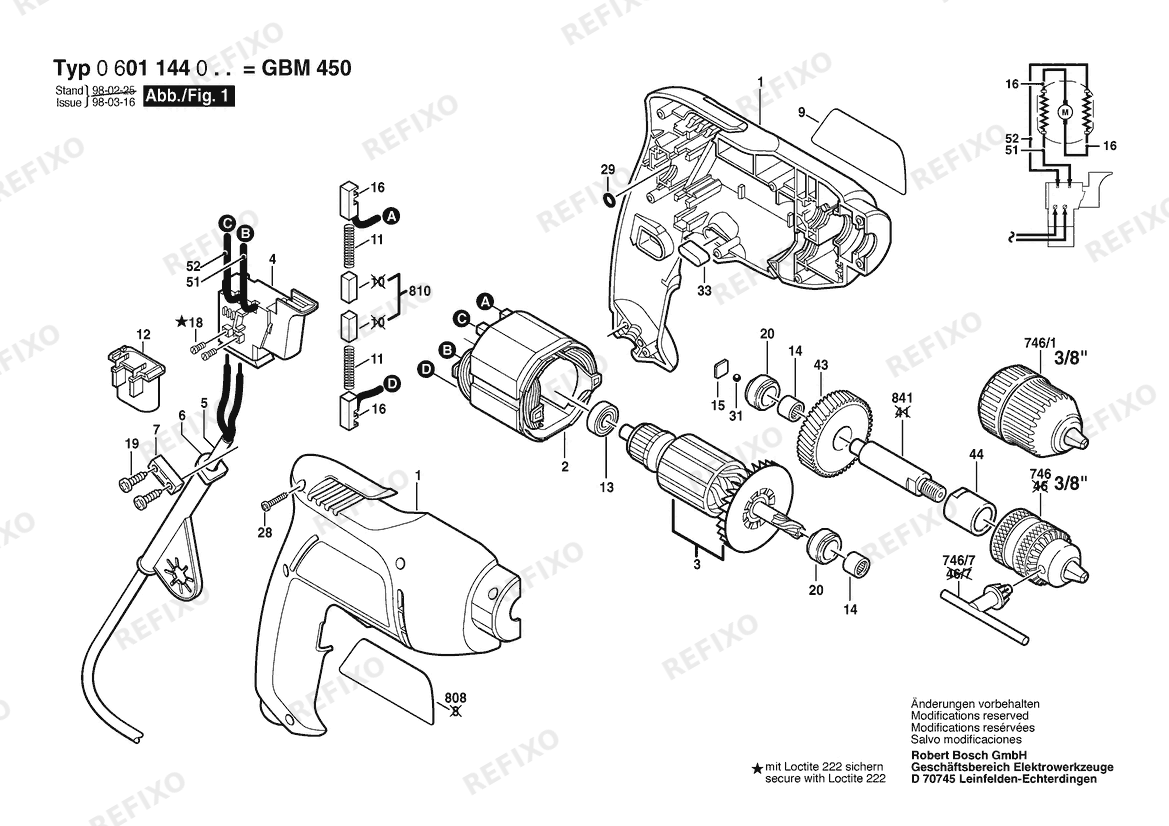 Деталировка Bosch Дрель GBM 450 | 220 V | 011 - KR (0 601 144 040) — схема запчастей в разборе