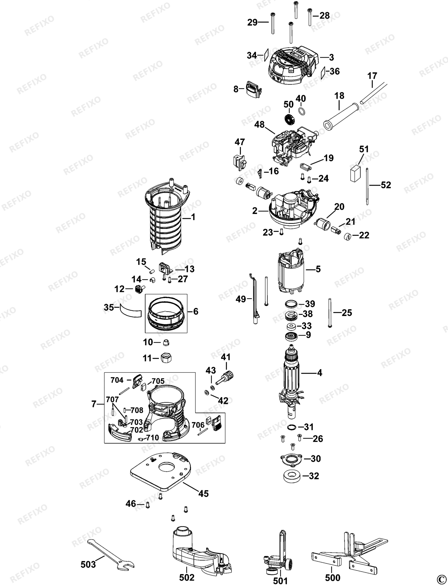 Деталировка DeWalt DWE6005-LX TYPE 1 LAMELLENTRIMMER DWE6005-LX DWE6005 — схема запчастей в разборе