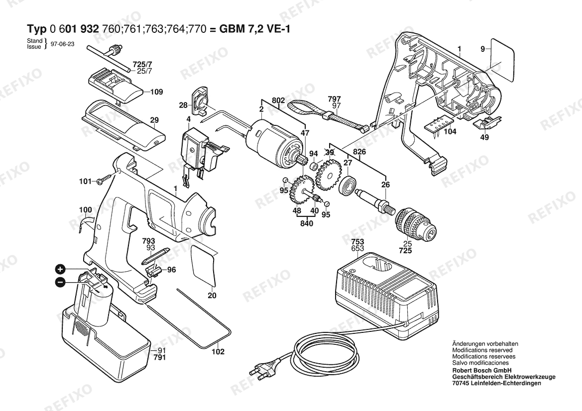 Деталировка Bosch Аккумуляторный - дрель GBM 7,2 VE-1 | 7.2 V | 001 - EU (0 601 932 760) — схема запчастей в разборе