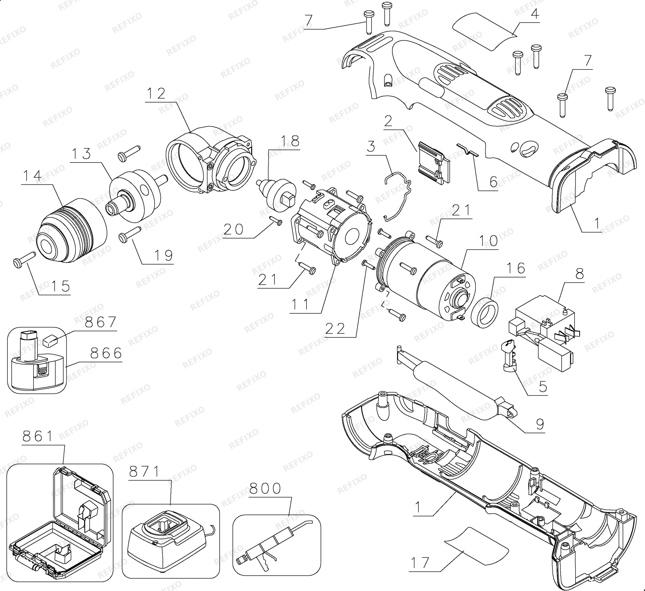 Деталировка DeWalt DW966K-QW TYPE 1 RIGHT ANGLE DRILL DW966K-QW DW966K — схема запчастей в разборе
