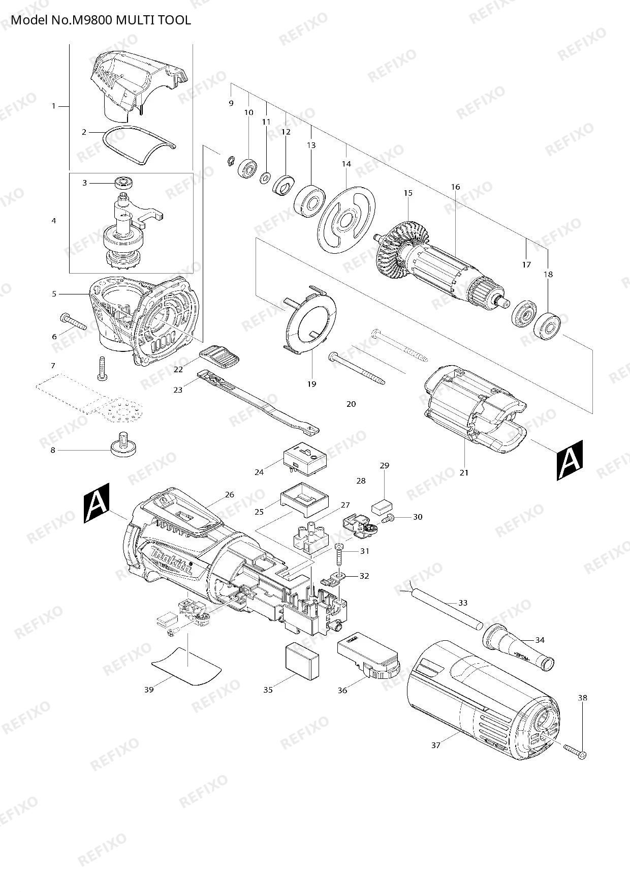 Деталировка MAKITA M9800 — схема запчастей в разборе