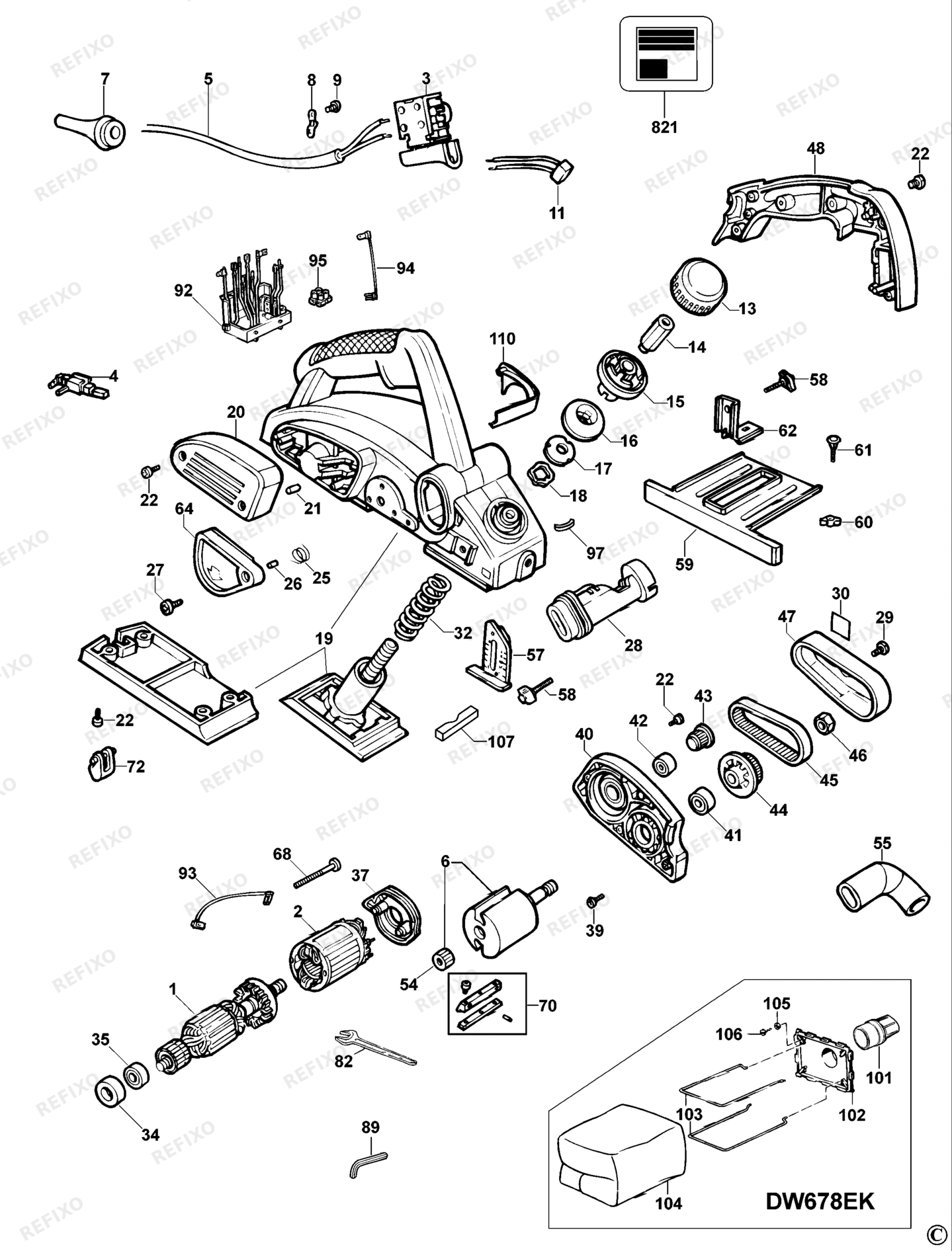 Деталировка DeWalt DW678E-QS TYPE 4 рубанок DW678E-QS DW678E — схема запчастей в разборе