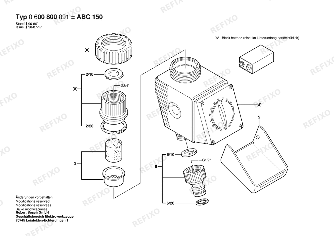Деталировка Bosch Wasseruhr ABC 150 (0 600 800 091) — схема запчастей в разборе