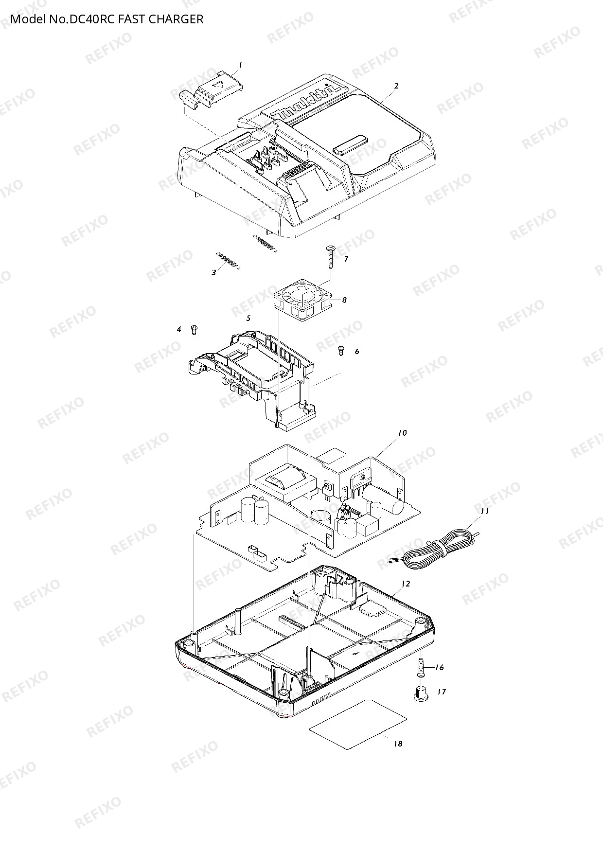 Деталировка MAKITA DC40RC — схема запчастей в разборе