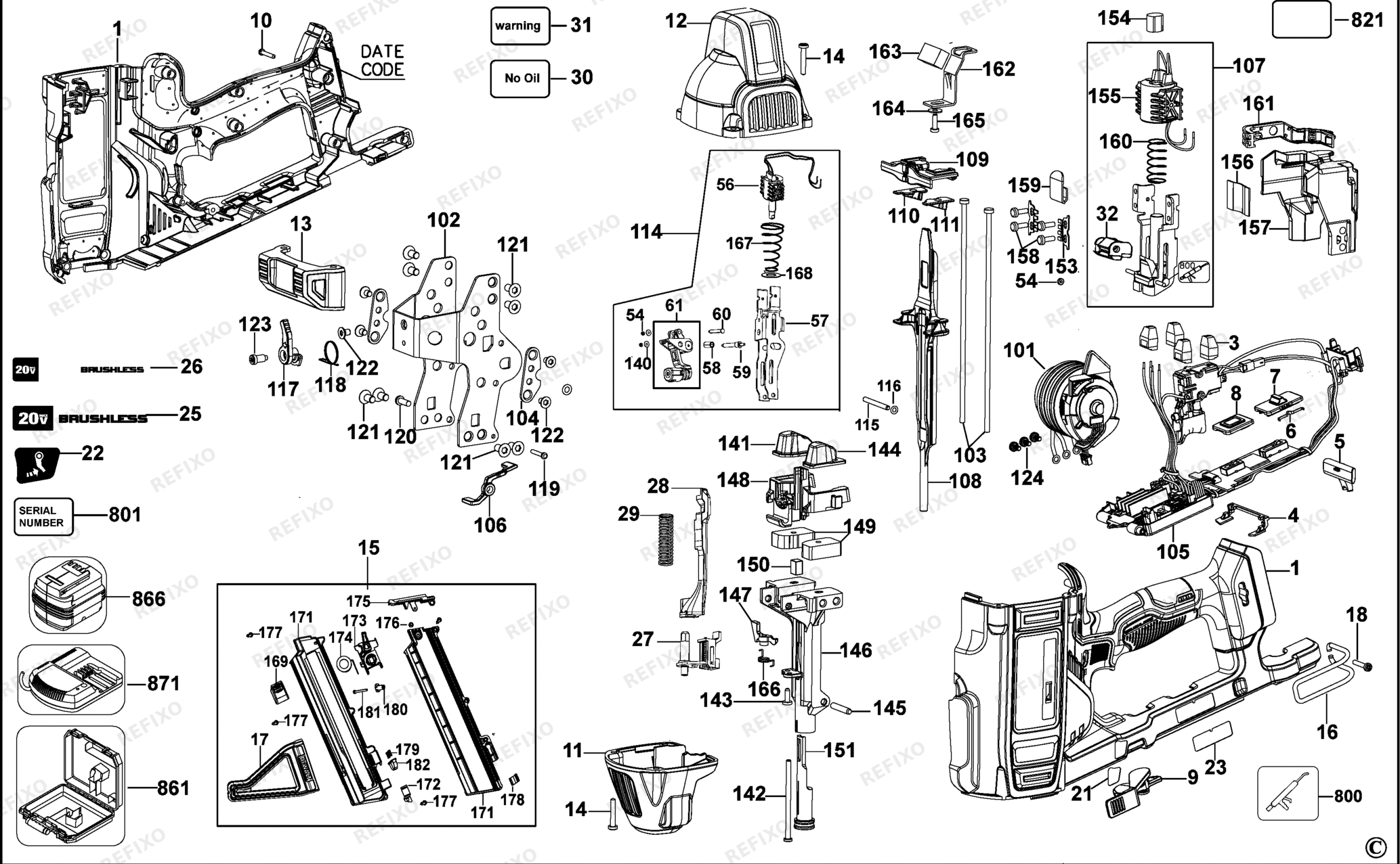 Деталировка DeWalt DCN891-XJ TYPE 2 аккумуляторный NAGLER DCN891-XJ DCN891 — схема запчастей в разборе