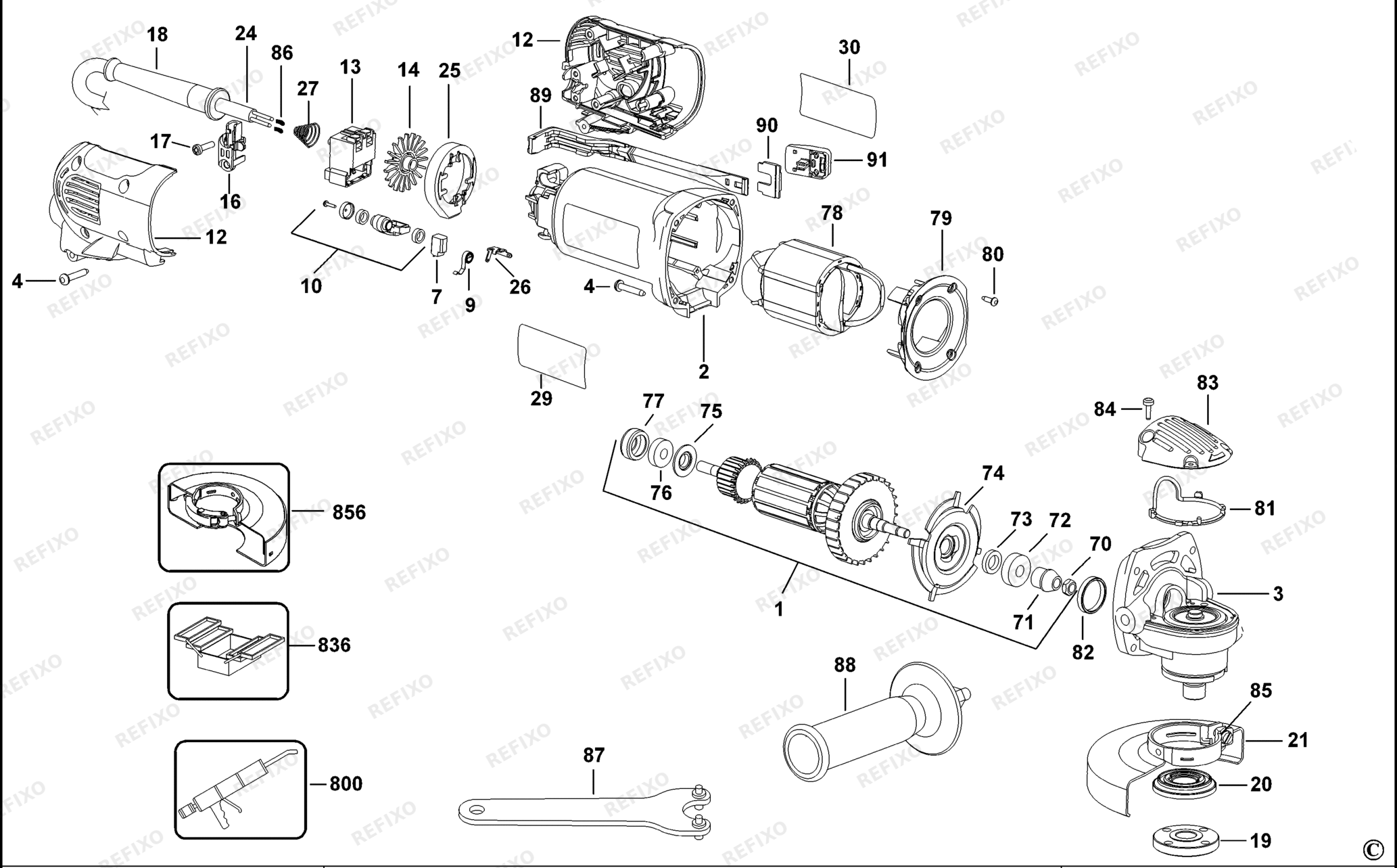 Деталировка DeWalt D28800-XJ TYPE 1 SMALL ANGLE GRINDER D28800-XJ D28800 — схема запчастей в разборе