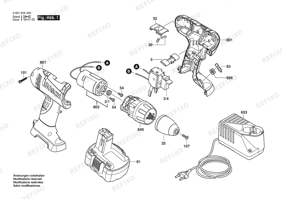 Деталировка Bosch Аккумуляторный -Mittelgriffschrauber GSR 14,4V | 14.4 V | 001 - EU (0 601 916 420) — схема запчастей в разборе