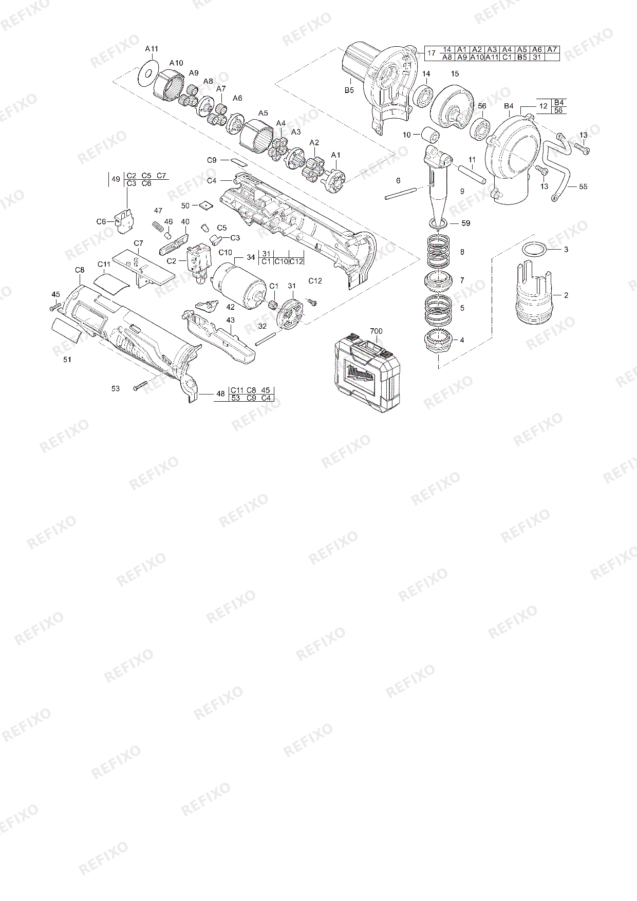Деталировка MILWAUKEE C12PXP 202C 4933427247 4000448986 — схема запчастей в разборе