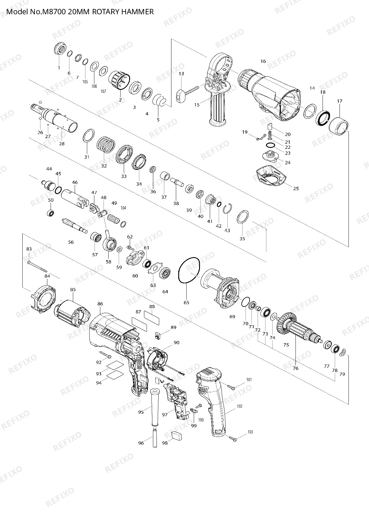 Деталировка MAKITA M8700 — схема запчастей в разборе