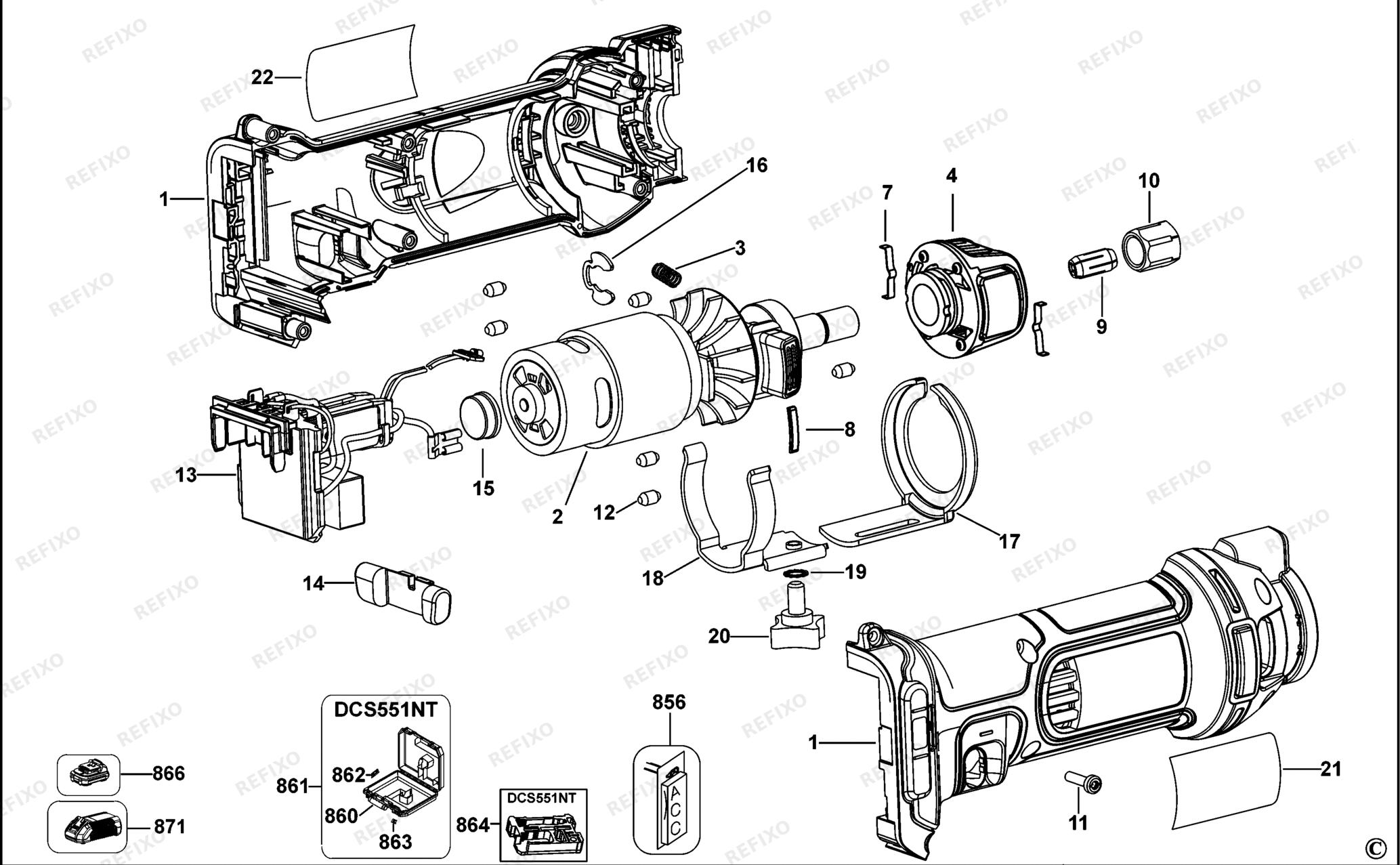 Деталировка DeWalt DCS551-QW TYPE 2 CUT OUT TOOL DCS551-QW DCS551 — схема запчастей в разборе