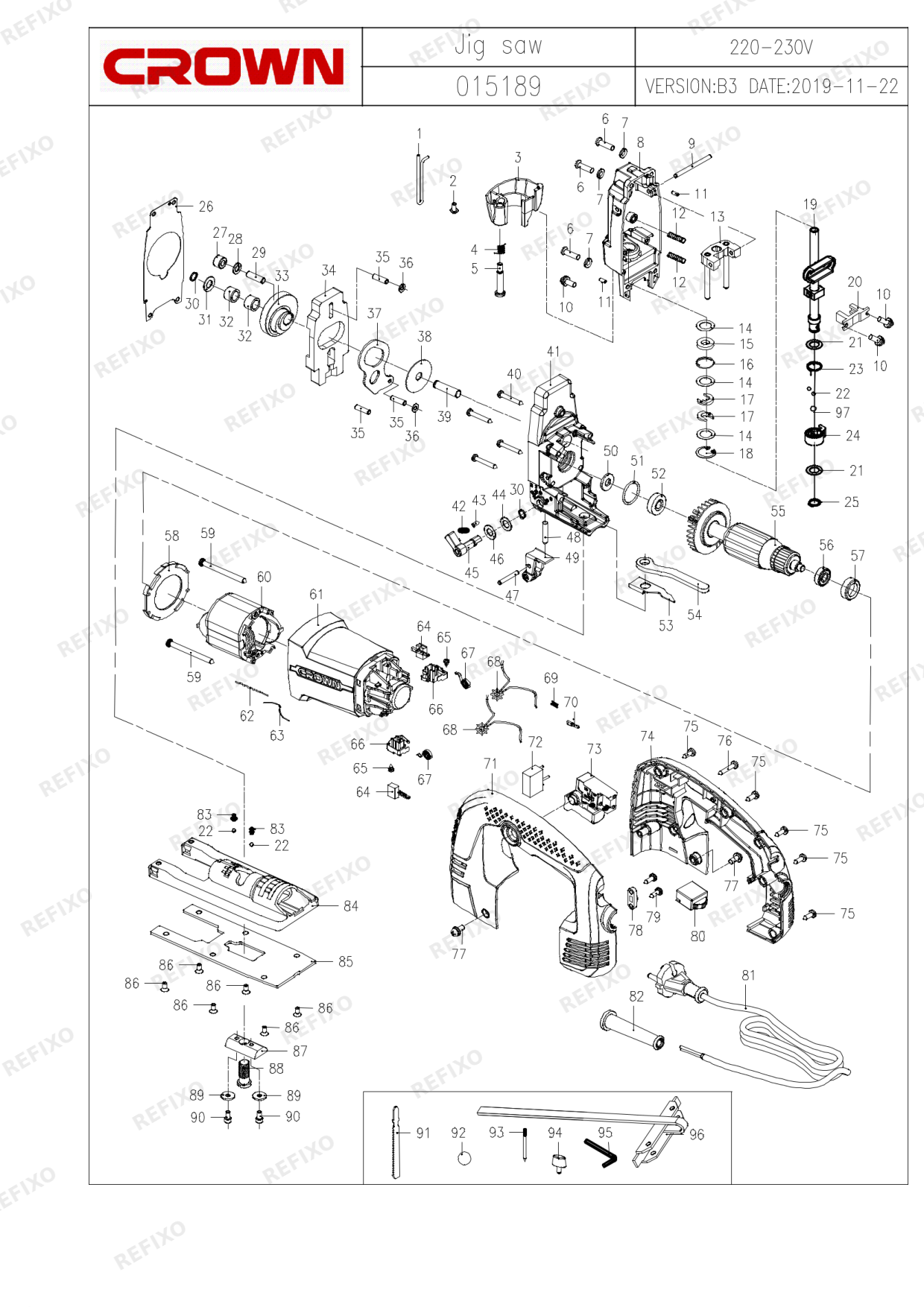 Деталировка CROWN CT15189 (с с.н.19121300000 изменены поз.19,21,23,24,97) — схема запчастей в разборе