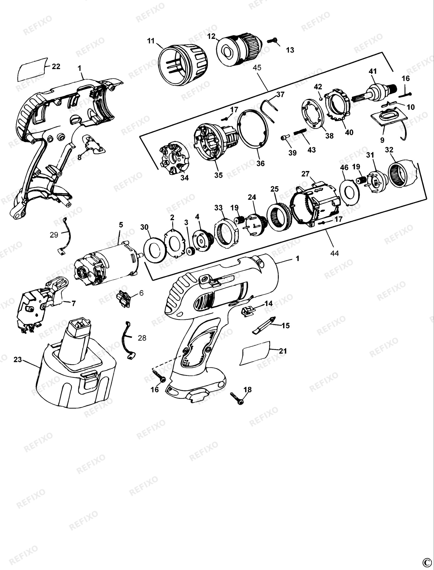 Деталировка DeWalt DW995K-XJ TYPE 5 аккумуляторный - дрель DW995K-XJ DW995K — схема запчастей в разборе