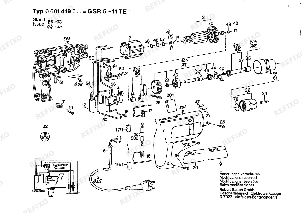 Деталировка Bosch Шуруповёрт GSR 5-11 TE | 240 V | 027 - AU (0 601 419 637) — схема запчастей в разборе