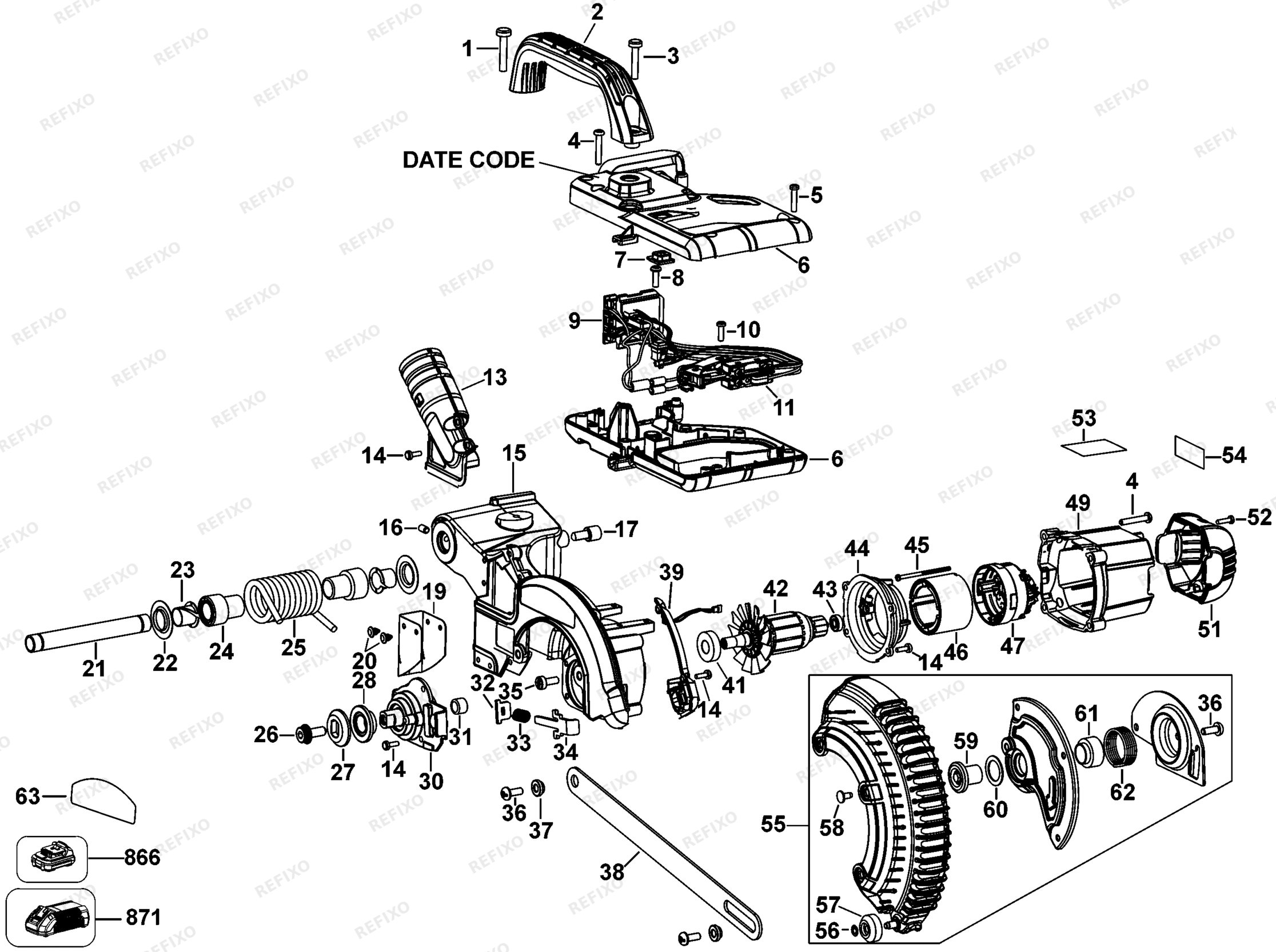 Деталировка DeWalt DCS365M2-QW TYPE 1 18V MITER SAW DCS365M2-QW DCS365M2 — схема запчастей в разборе