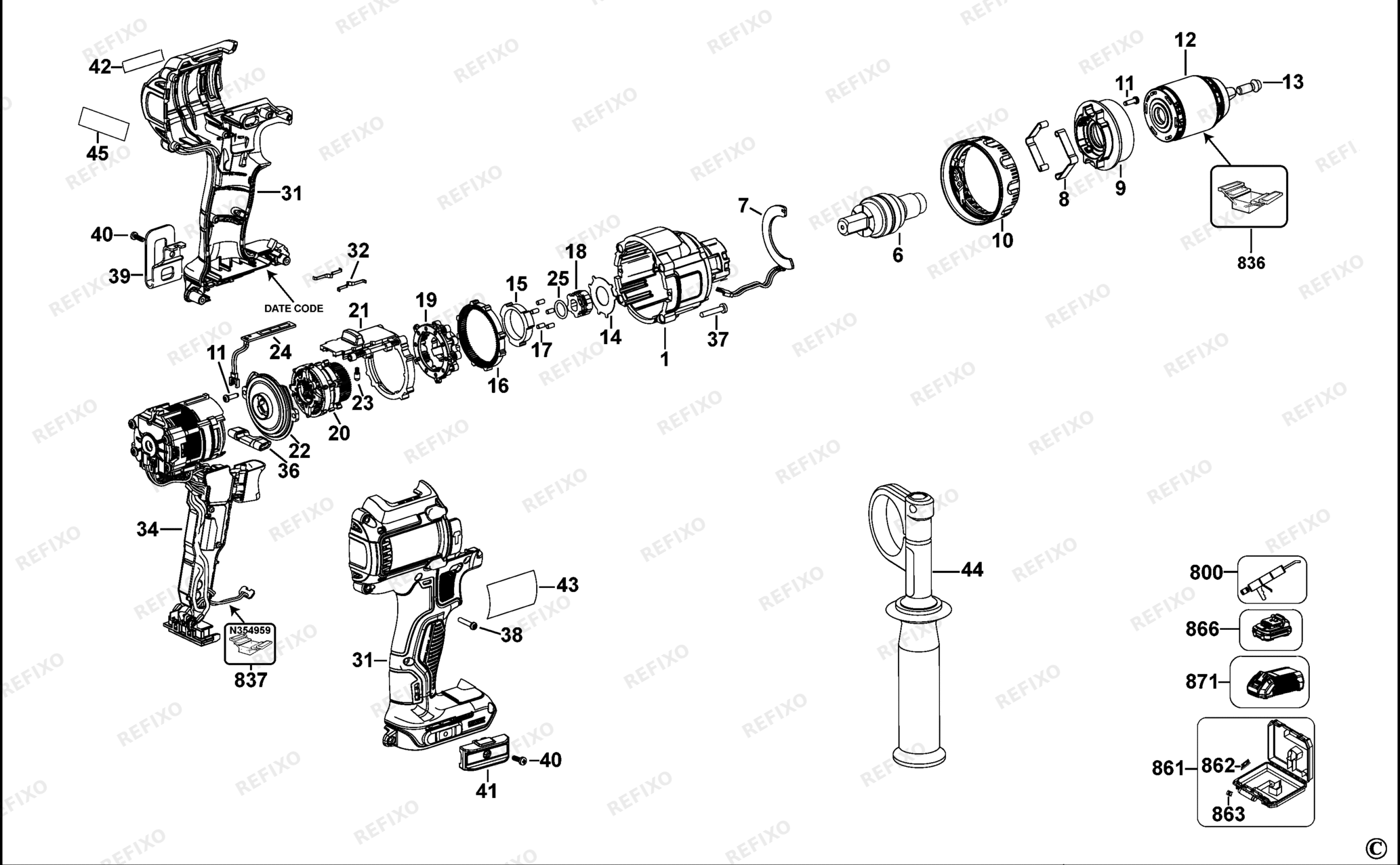Деталировка DeWalt DCD932-QW TYPE 1 аккумуляторный - дрель DCD932-QW DCD932 — схема запчастей в разборе