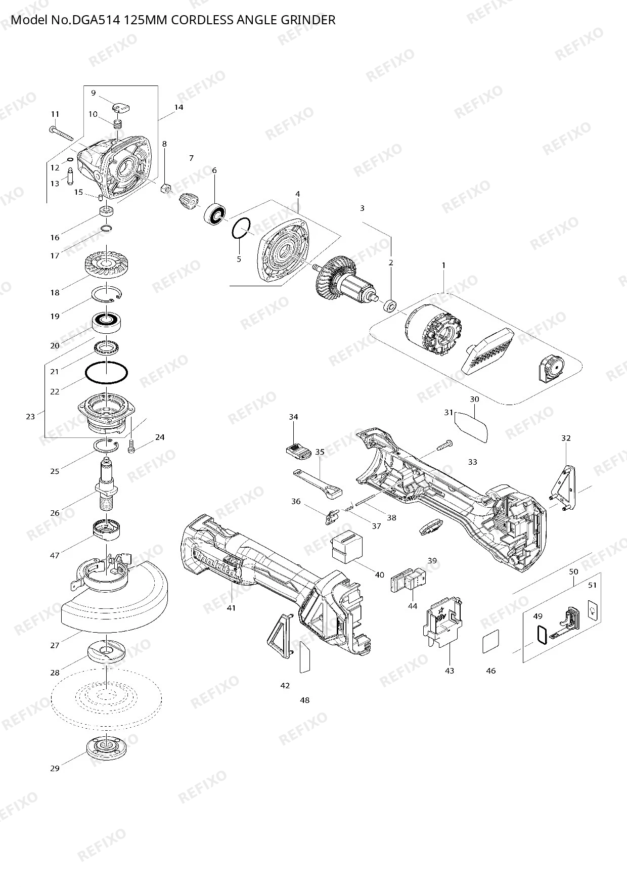 Деталировка MAKITA DGA514 — схема запчастей в разборе