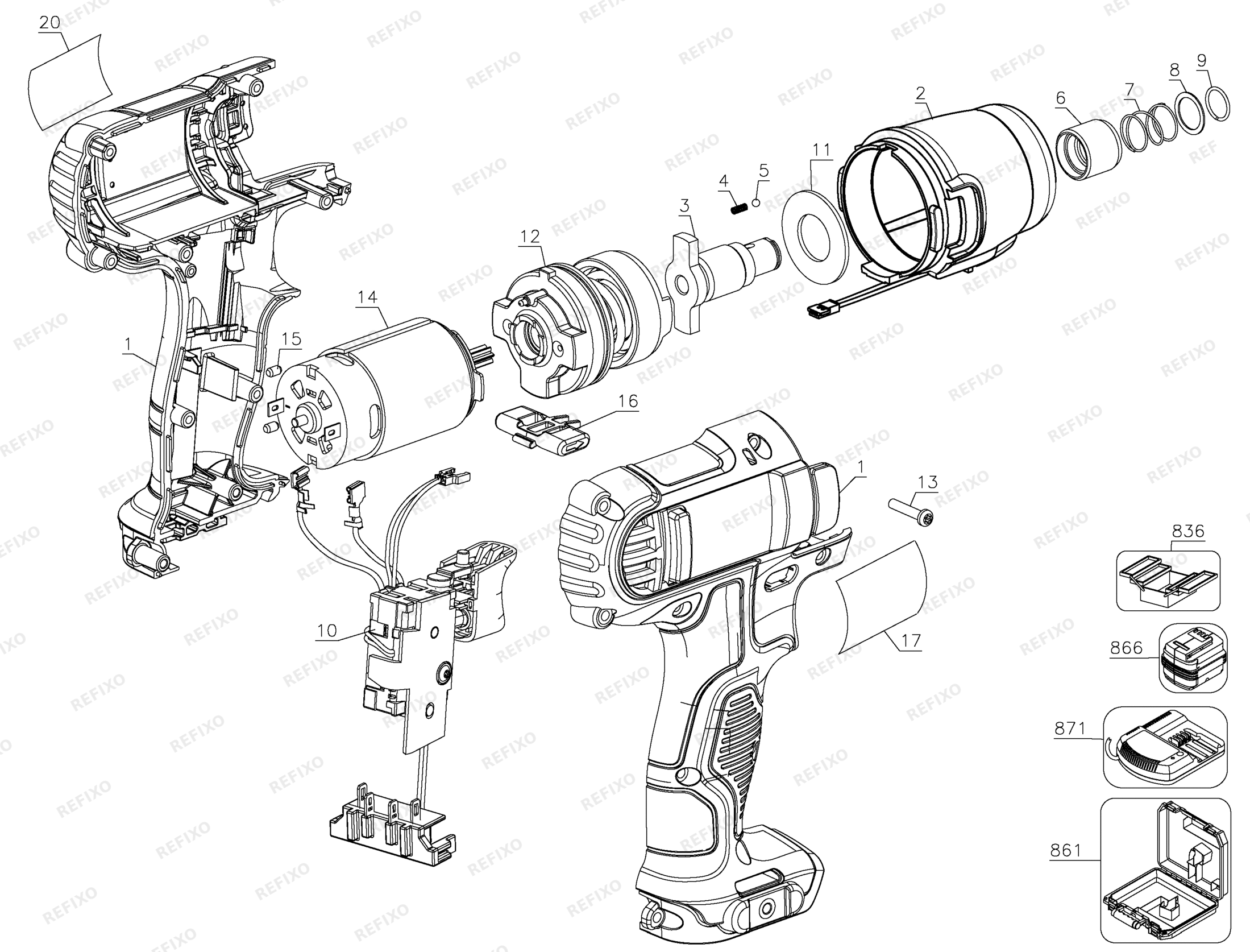 Деталировка DeWalt DCF815S2-QW TYPE 1 SCHLAGSCHRAUBER DCF815S2-QW DCF815S2 — схема запчастей в разборе