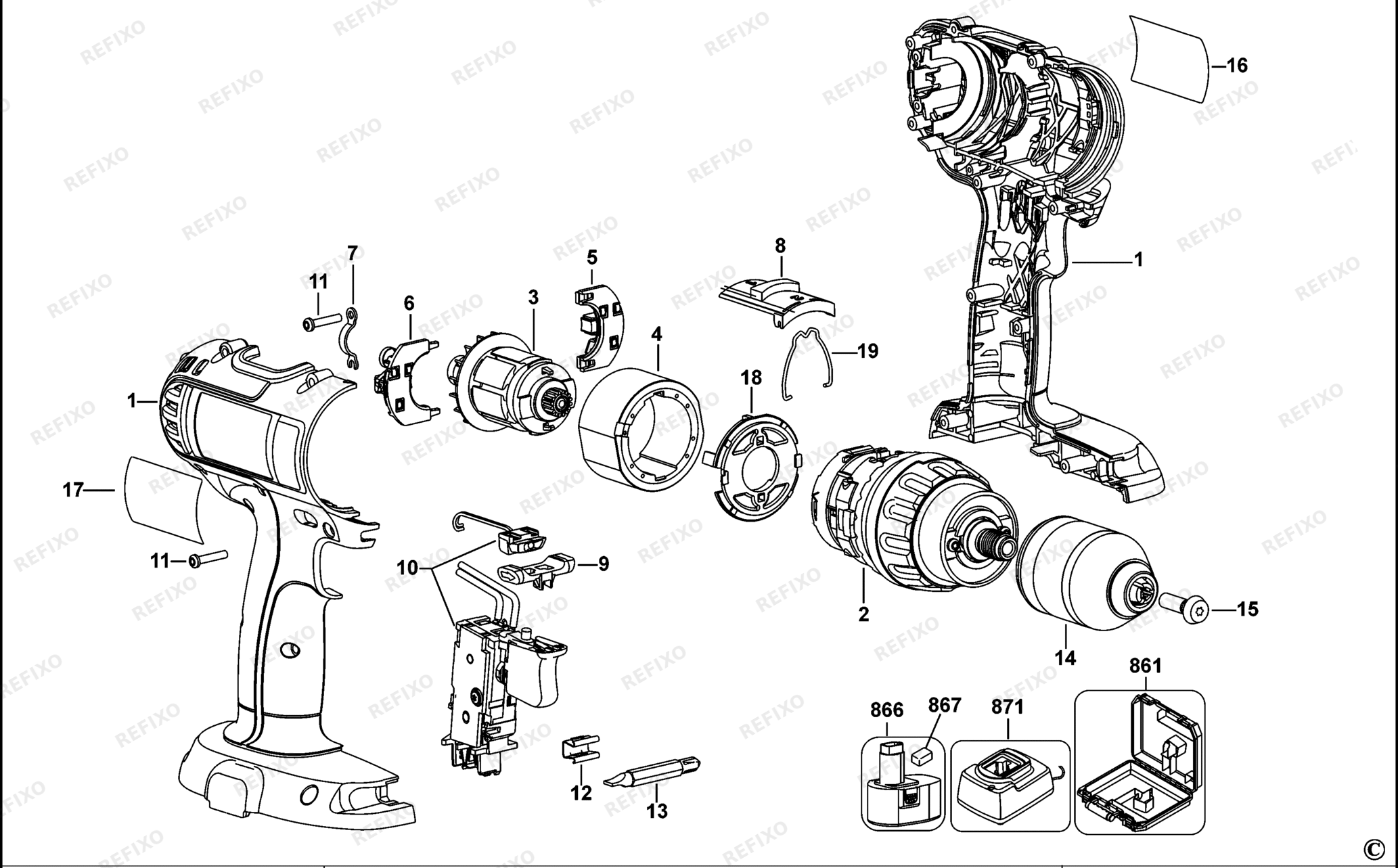 Деталировка DeWalt DCD775-XJ TYPE 1 аккумуляторный - дрель DCD775-XJ DCD775 — схема запчастей в разборе