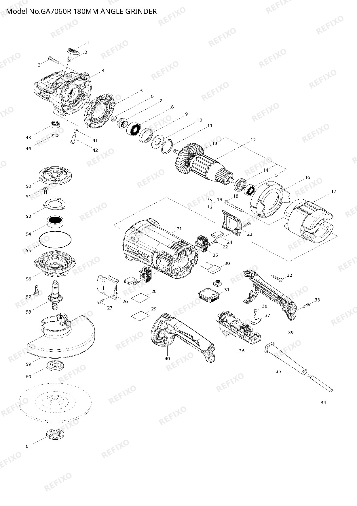 Деталировка MAKITA GA7060R — схема запчастей в разборе