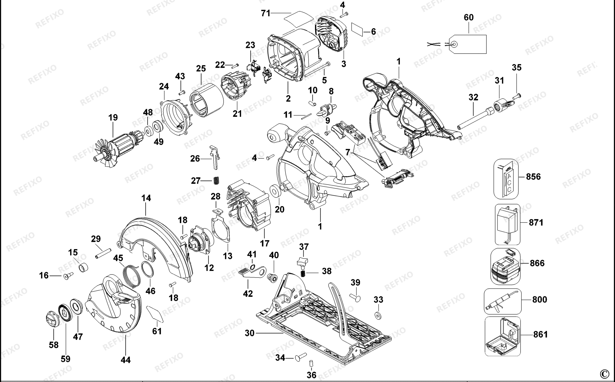 Деталировка DeWalt DC301K-QW TYPE 1 CORDLESS CIRCULAR SAW DC301K-QW DC301K — схема запчастей в разборе