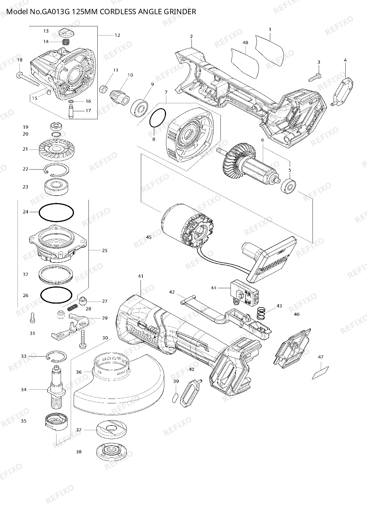 Деталировка MAKITA GA013G — схема запчастей в разборе