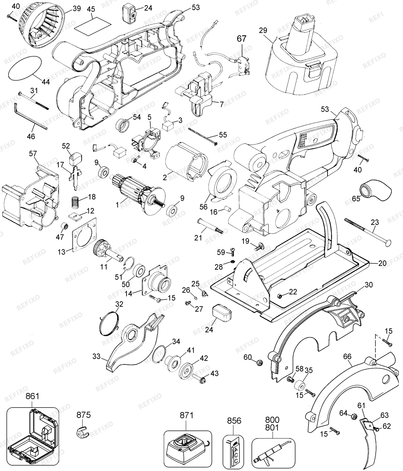 Деталировка DeWalt DW935K-QW TYPE 1 аккумуляторный HANDKREISSAGE DW935K-QW DW935K — схема запчастей в разборе