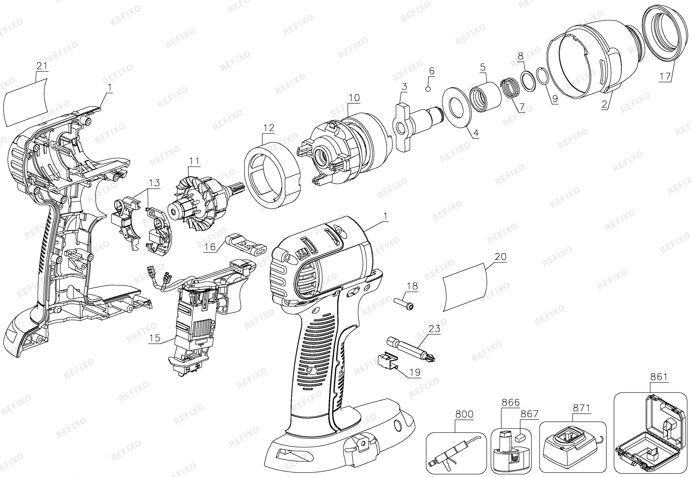 Деталировка DeWalt DC837N-XJ TYPE 1 14V IMPACT DRIVER DC837N-XJ DC837N — схема запчастей в разборе