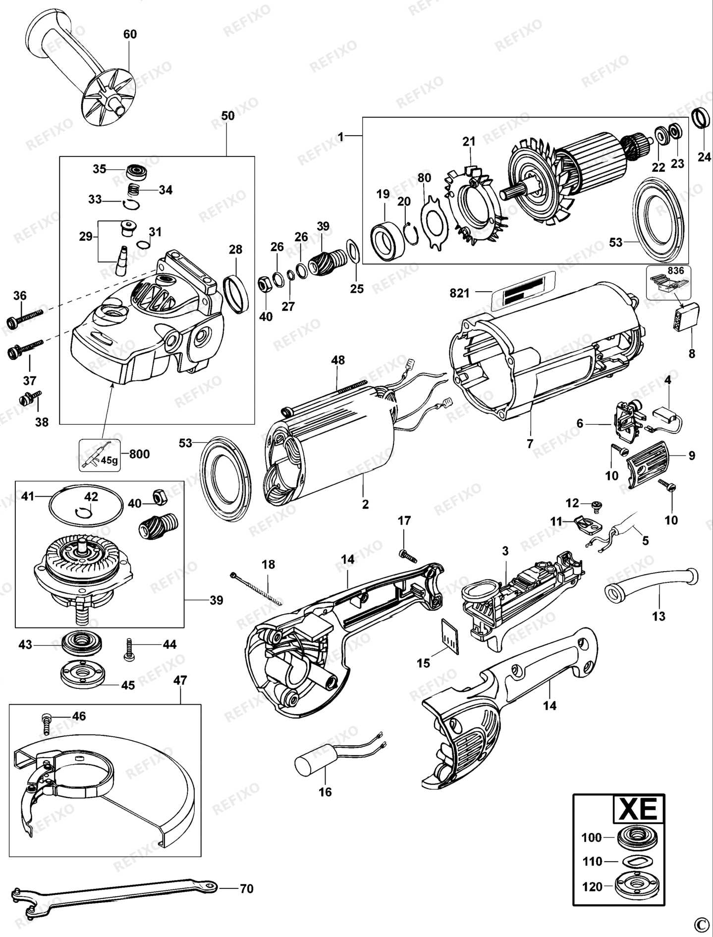 Деталировка DeWalt D28414-LX TYPE 2 угловая шлифмашина D28414-LX D28414 — схема запчастей в разборе