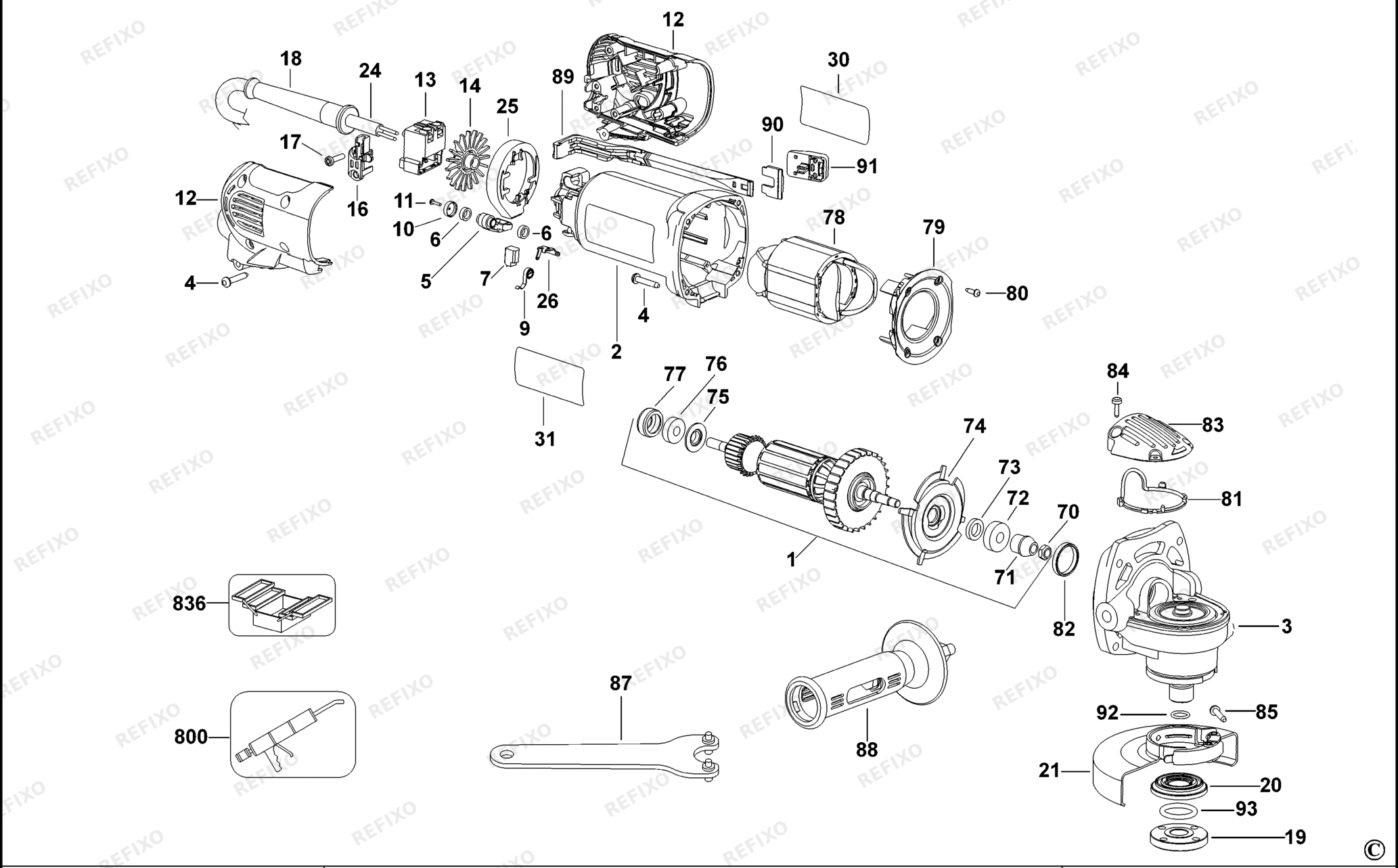 Деталировка DeWalt D28132C-QS TYPE 1 SMALL ANGLE GRINDER D28132C-QS D28132C — схема запчастей в разборе