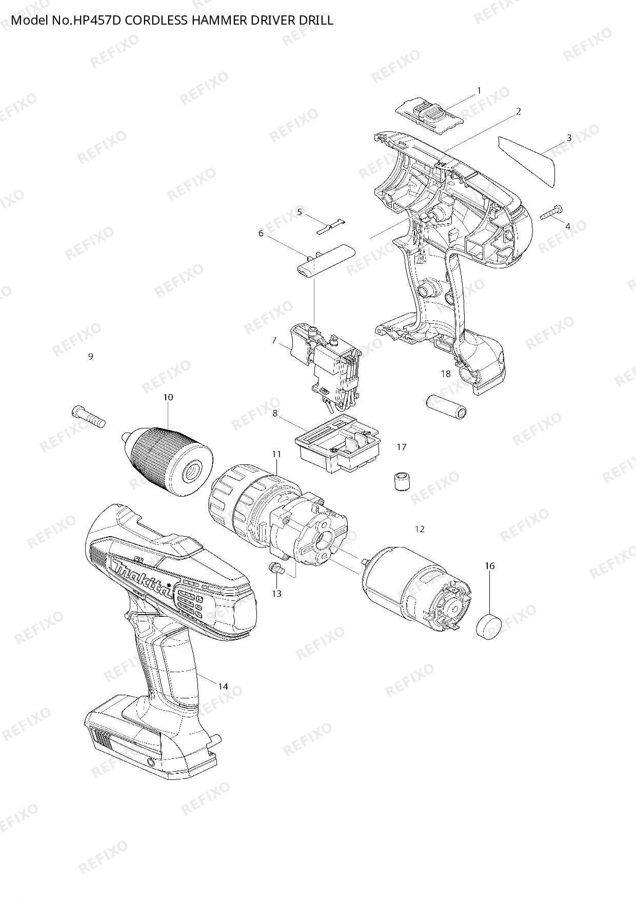Деталировка MAKITA HP457D — схема запчастей в разборе